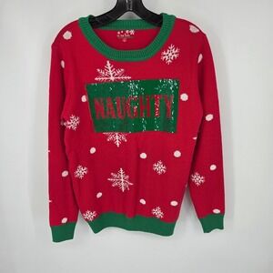 To Be Jolly Womens Ugly Christmas Sweater Red Snowflake Naughty Nice Sequin Sz S